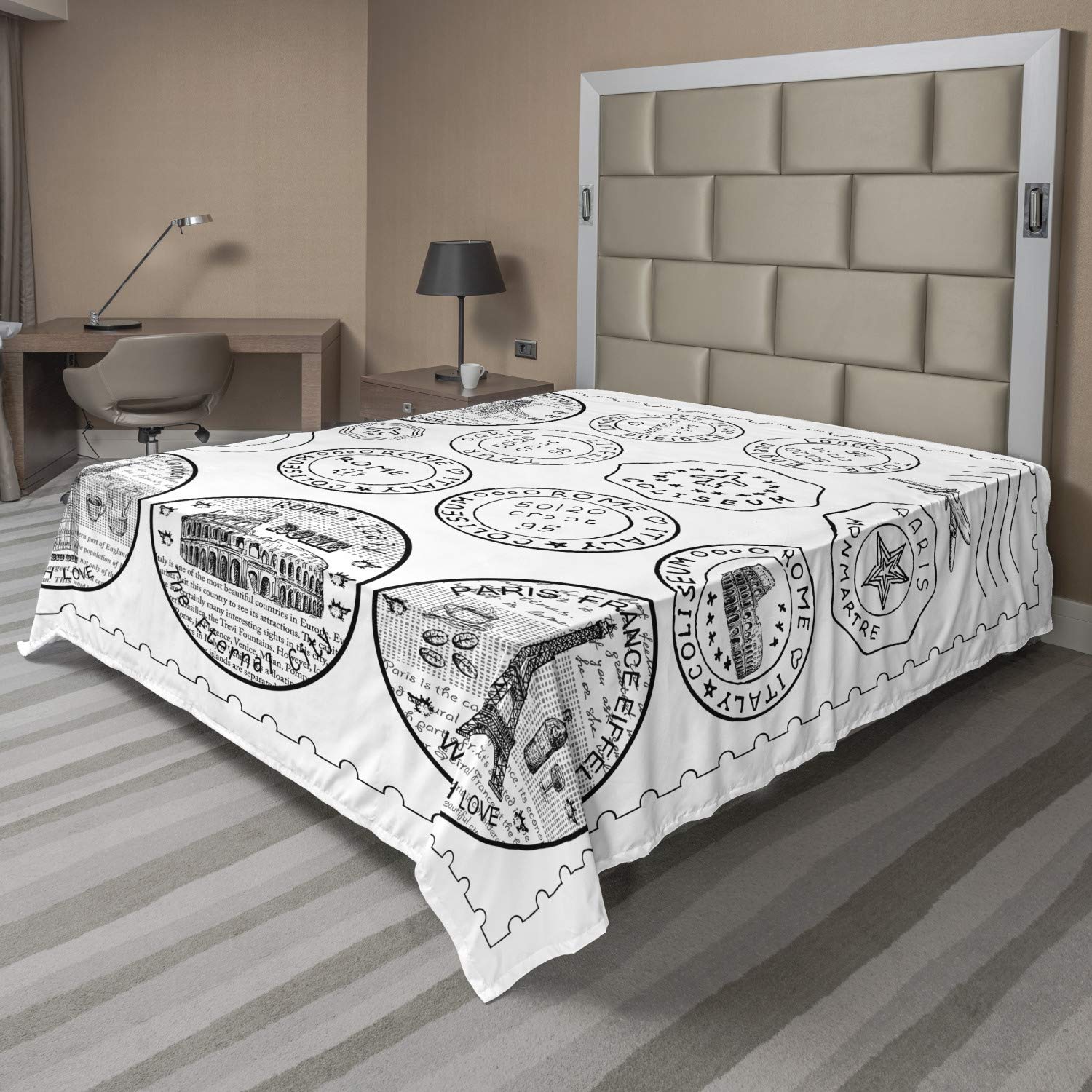 Ambesonne World Landmarks Travel Flat Sheet - Queen Size Black & White | Soft Comfortable Top Sheet with Historical Stamps Design | Perfect for Guest Rooms, Dorm Decor & Travel Enthusiasts