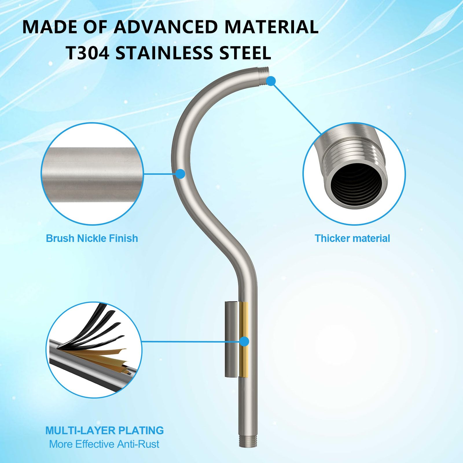 Lordear 17 Inch Shower Extension Arm - Solid Brushed Nickel T304 Stainless Steel Shower Head Pipe with Flange for Rain Shower Heads | Perfect for Bathroom Renovation & Luxury Spa Experience