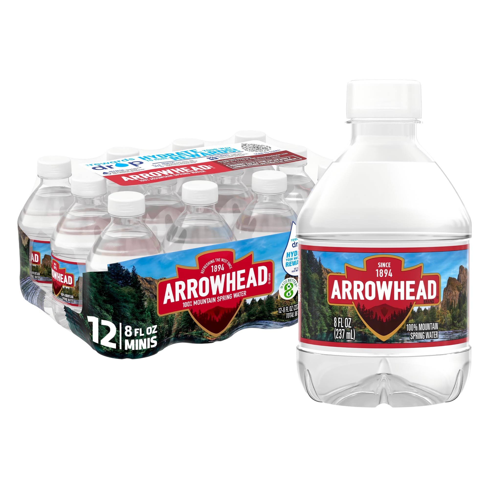 Arrowhead Mountain Spring Water 12-Pack (8 Fl Oz Bottles) - Natural Mineral & Electrolyte Bottled Water for Hydration, Office, Gym & Outdoor Activities