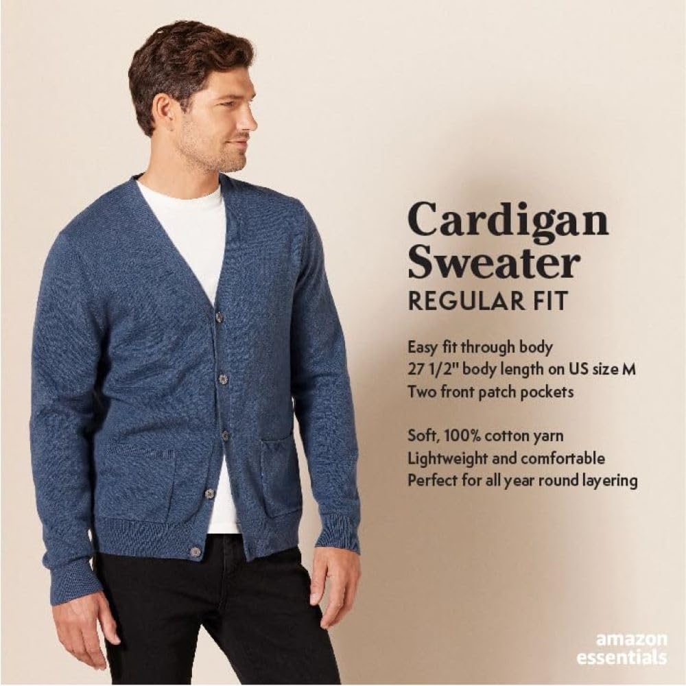 Amazon Essentials Men's Cotton Cardigan Sweater - Soft Casual Knit Pullover for Fall & Winter - Perfect for Office, Lounge & Outdoor Activities
