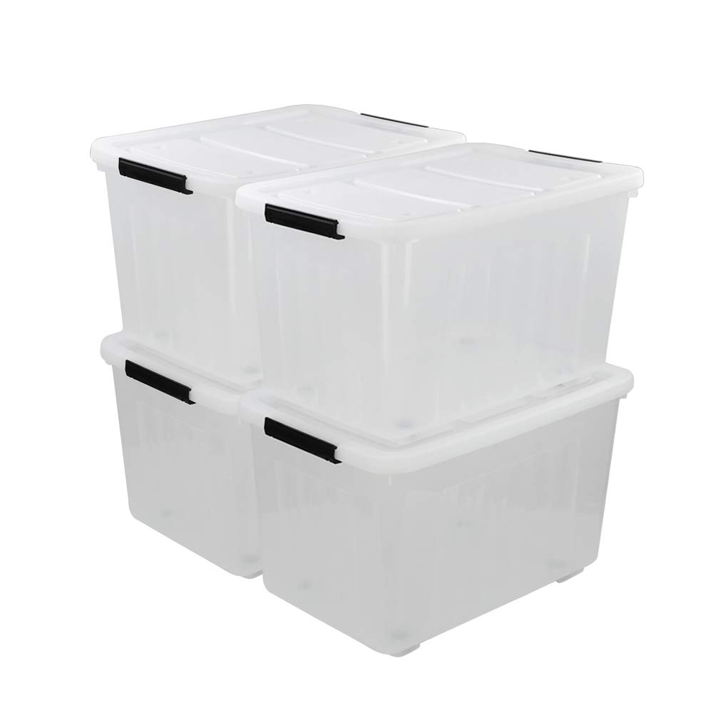 70L Clear Plastic Storage Box with Wheels - Set of 4 Large Latch Containers for Home Organization | Perfect for Garage, Basement & Closet Storage