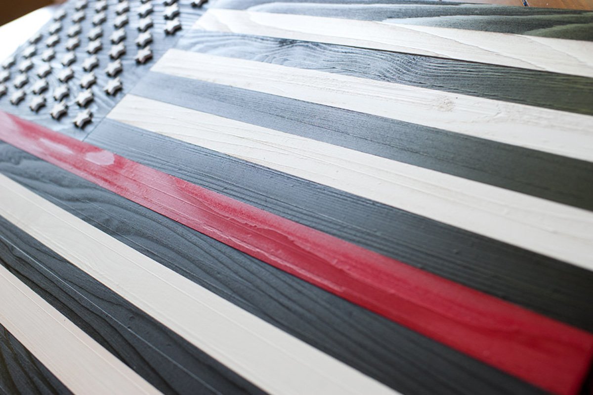 Thin Red Line Wood Flag - Handcrafted Firefighter Wood Flag for Fire Department - Patriotic Red Line American Flag for Wall Decor, Fire Station, Home & Office Display