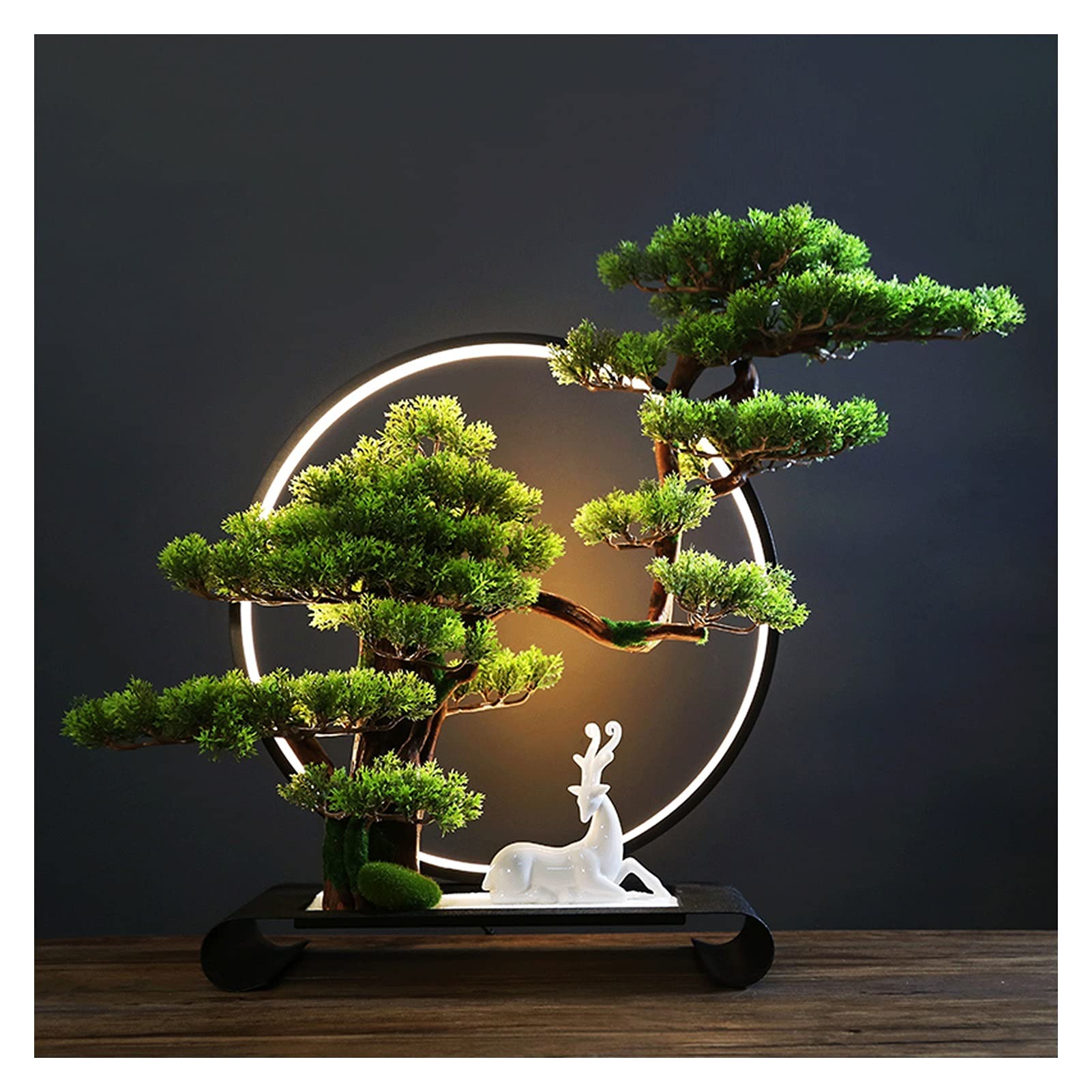 20 Inch Artificial Bonsai Pine Tree with Elk Statue - Realistic Faux Cedar Bonsai for Home & Office Decor - Perfect Indoor/Outdoor Fake Plant for Living Room, Desk, Garden & Patio