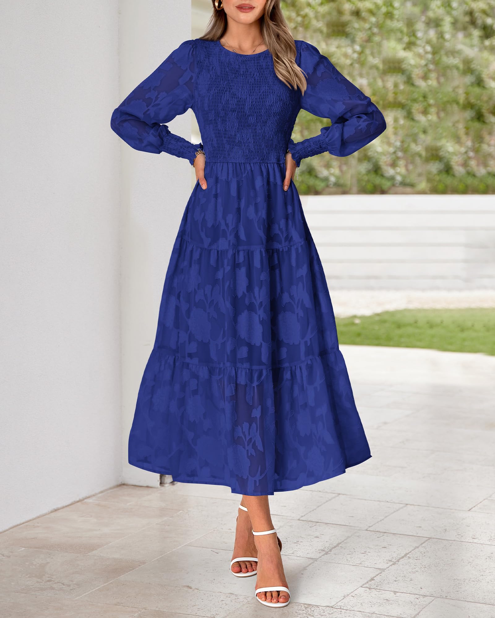 BTFBM Women's Elegant Floral Midi Dress - Long Sleeve Bohemian Wedding Guest Dress for Spring 2025 | Perfect for Garden Parties, Bridal Showers & Formal Events