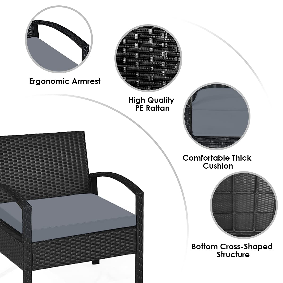 3-Piece Outdoor Patio Furniture Set - Rattan Wicker Conversation Chairs with Beige Cushions & Tempered Glass Coffee Table - Perfect for Backyard, Porch, Poolside, Garden, and Patio - Gray Weather-Resistant Set