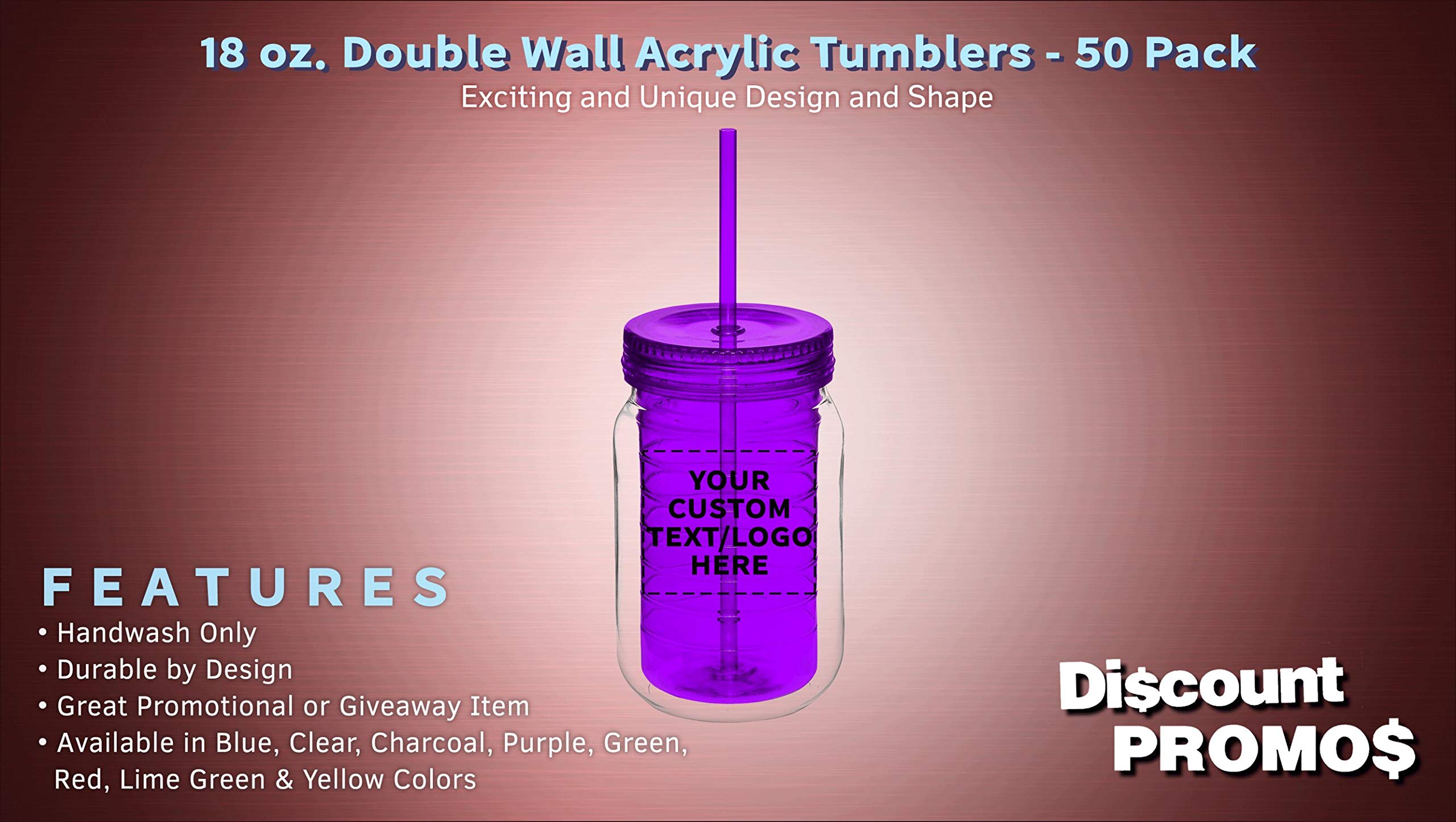 50 Pack 18oz Custom Purple Acrylic Tumblers with Straws - Personalized Bulk Drinkware for Smoothies, Iced Coffee & Soda - Great for Parties, Restaurants & Promotional Events