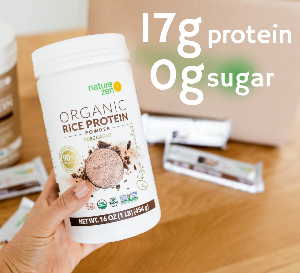 Organic Vegan Protein Powder - Nature Zen Rice Protein, Sugar-Free, Dairy-Free, Soy-Free, Gluten-Free, Non-GMO, Kosher, High Fiber (1LB, Cacao) - Perfect for Smoothies, Baking & Post-Workout Recovery
