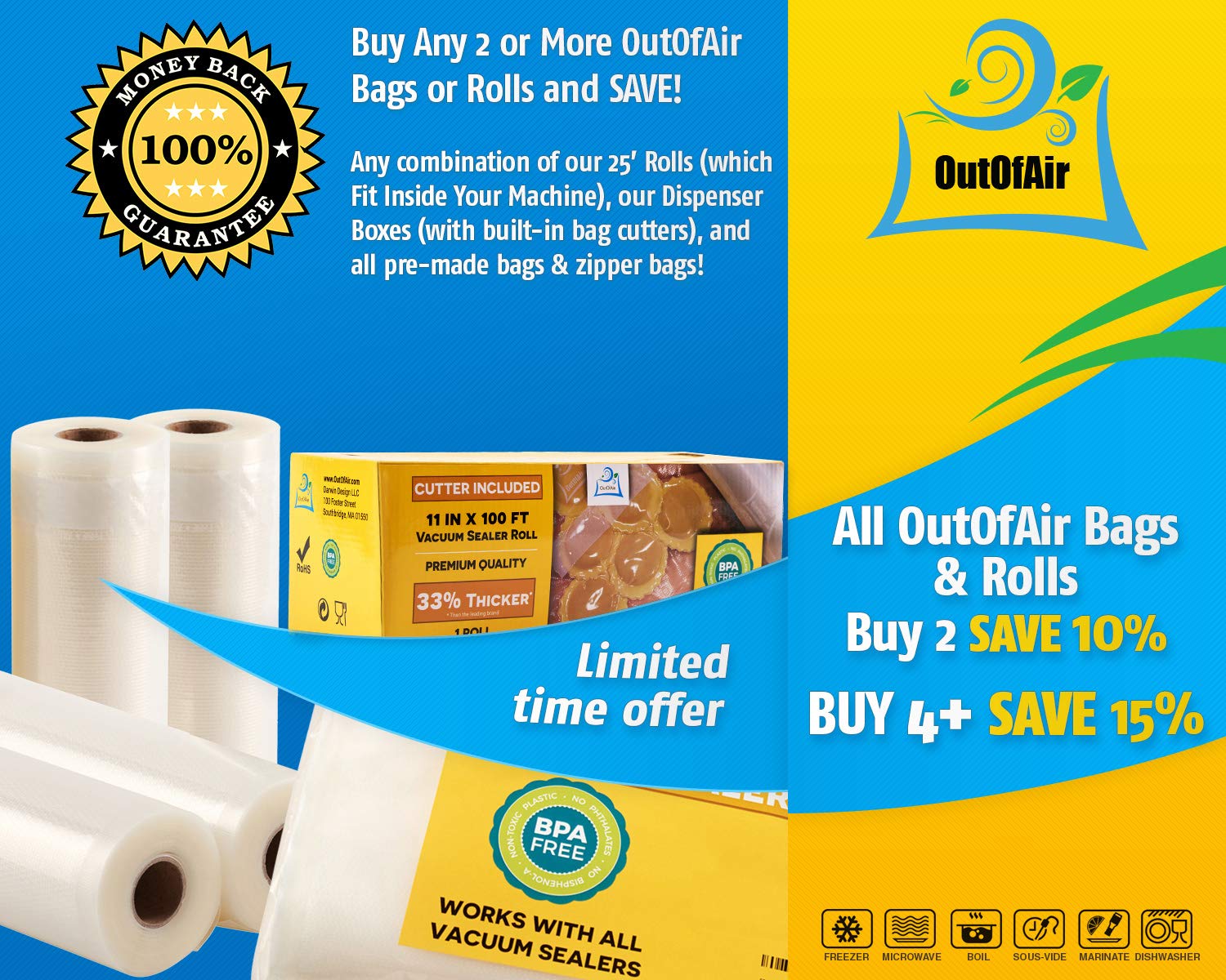 OutOfAir 100 Pack Gallon Vacuum Sealer Bags (11