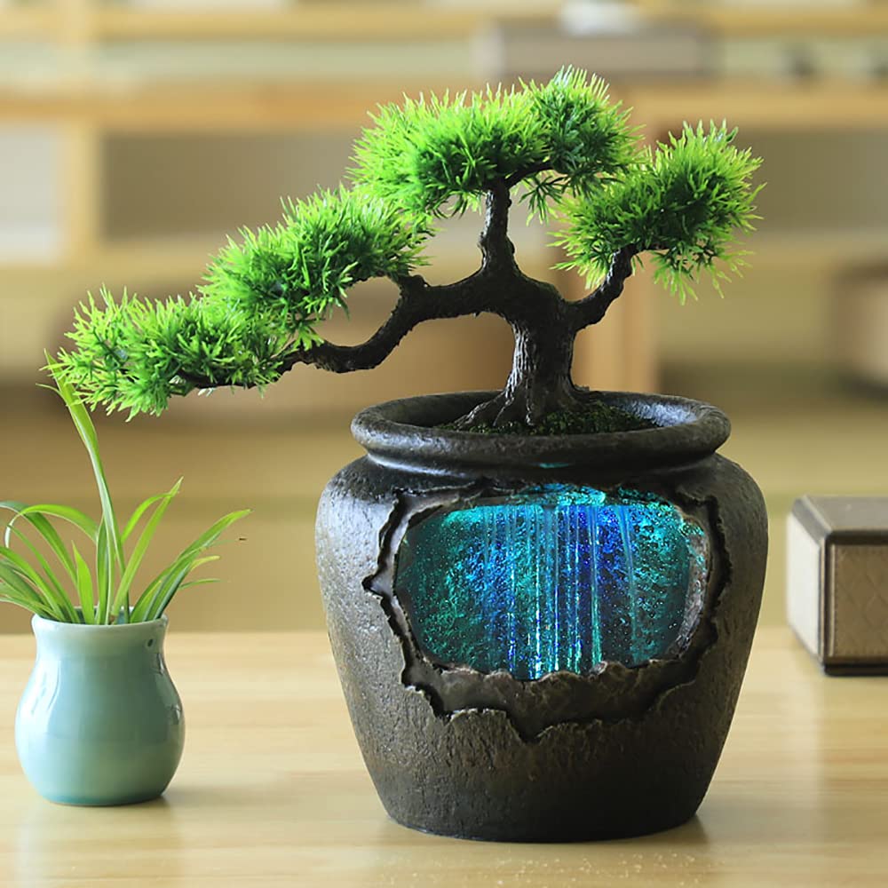 110V Indoor Rockery Water Fountain with LED Lights - Desktop Zen Waterfall Feature, Lifelike Mini Bonsai Decor for Home, Office & Meditation Spaces | Perfect for Living Rooms, Bedrooms & Workspaces to Create Soothing Ambiance