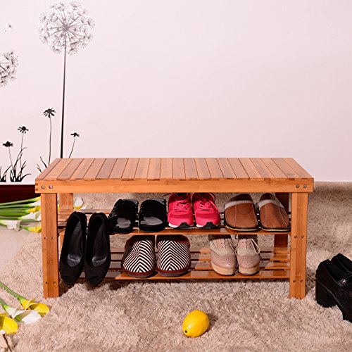 3-Tier Bamboo Shoe Rack Bench with Strip Pattern - Entryway Shoe Organizer & Storage Shelf for Hallway, Bathroom, Living Room & Corridor - Space-Saving Natural Wood Shoe Storage Solution for Small Apartments and Closet Organization