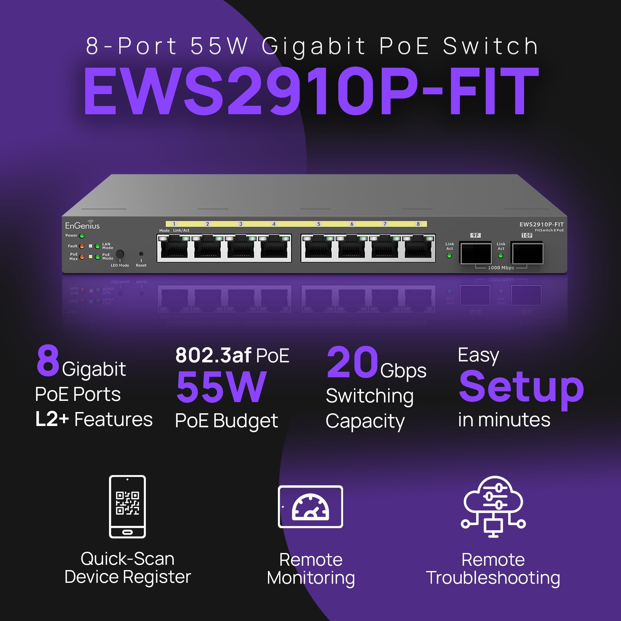EnGenius Fit L2 Plus 8-Port Gigabit PoE Managed Switch with 2 SFP Uplink Ports | 55W Budget | 20Gbps Switching Capacity | Ideal for Small Business Networks & IP Camera Systems [EWS2910P-FIT]
