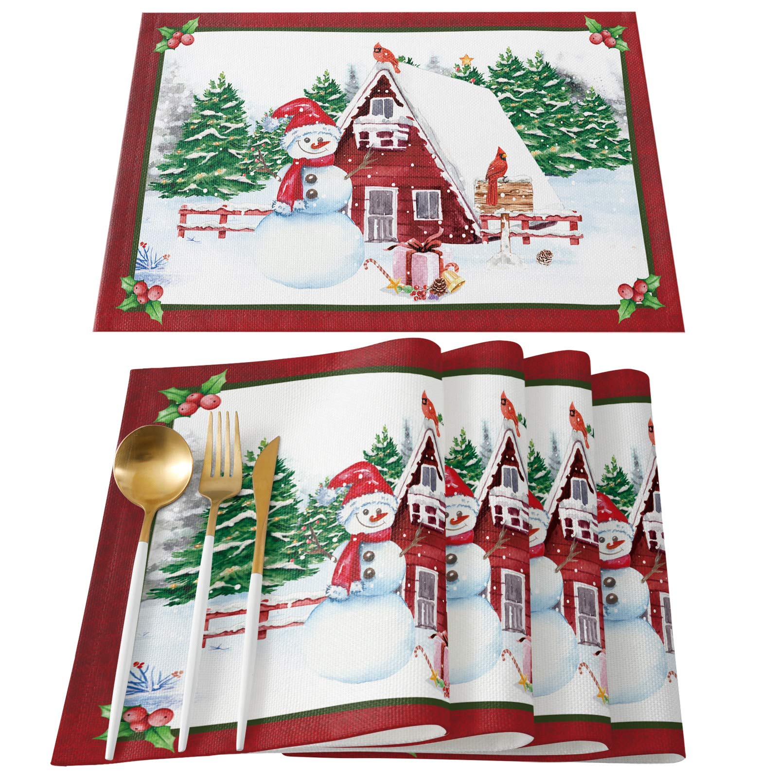 Winter Christmas Red Barn Robin Placemats Set of 4 - 13x19 Inch Washable Cotton Linen Table Mats for Dining Table, Kitchen, Party & Wedding | Cozy Holiday Decor & Festive Dinner Setting