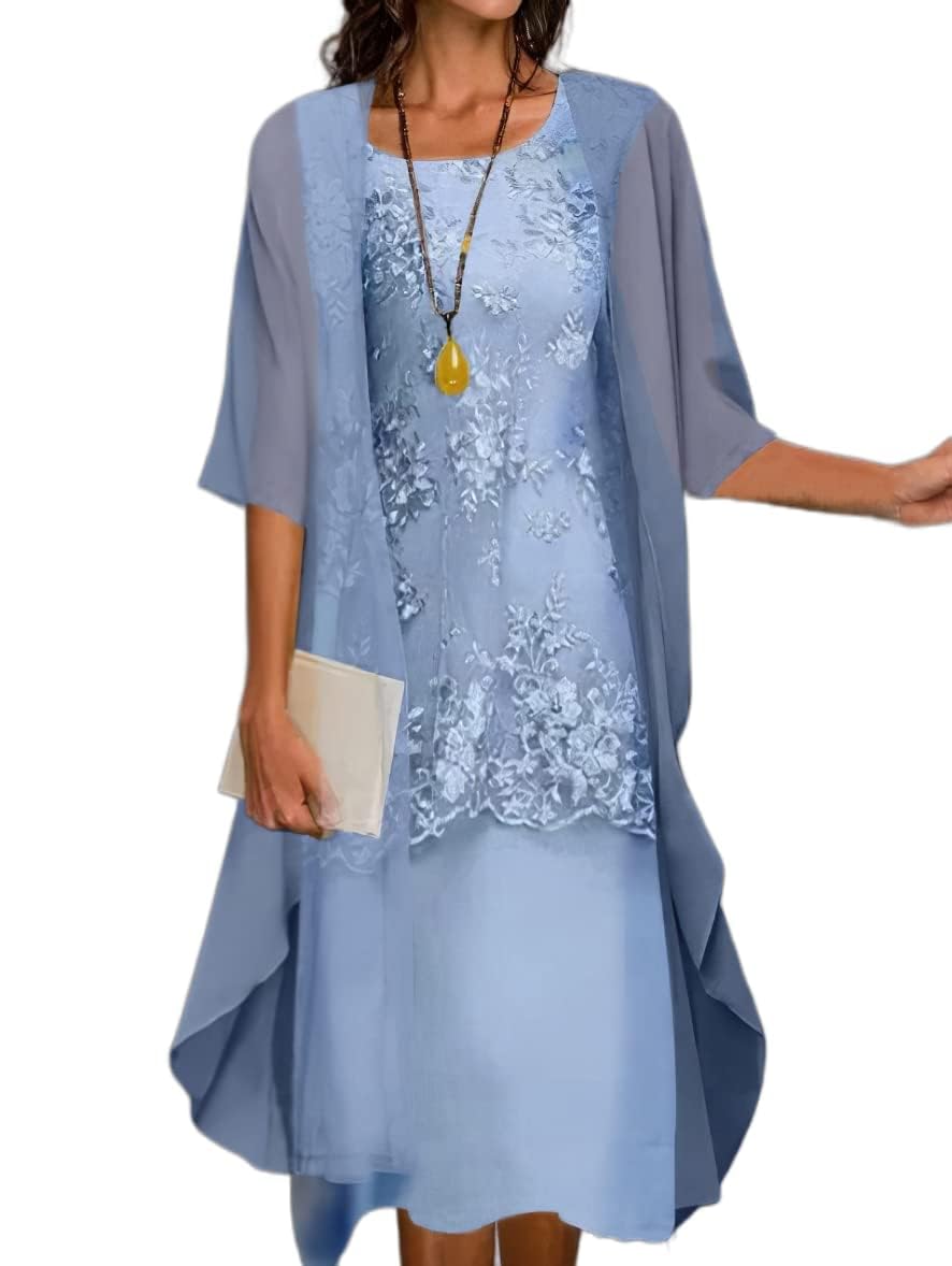Elegant Two-Piece Women's Wedding Guest Dress with Chiffon Cardigan - Plus Size 3/4 Sleeve Cocktail Outfit for Bridal Shower, Garden Party & Formal Events