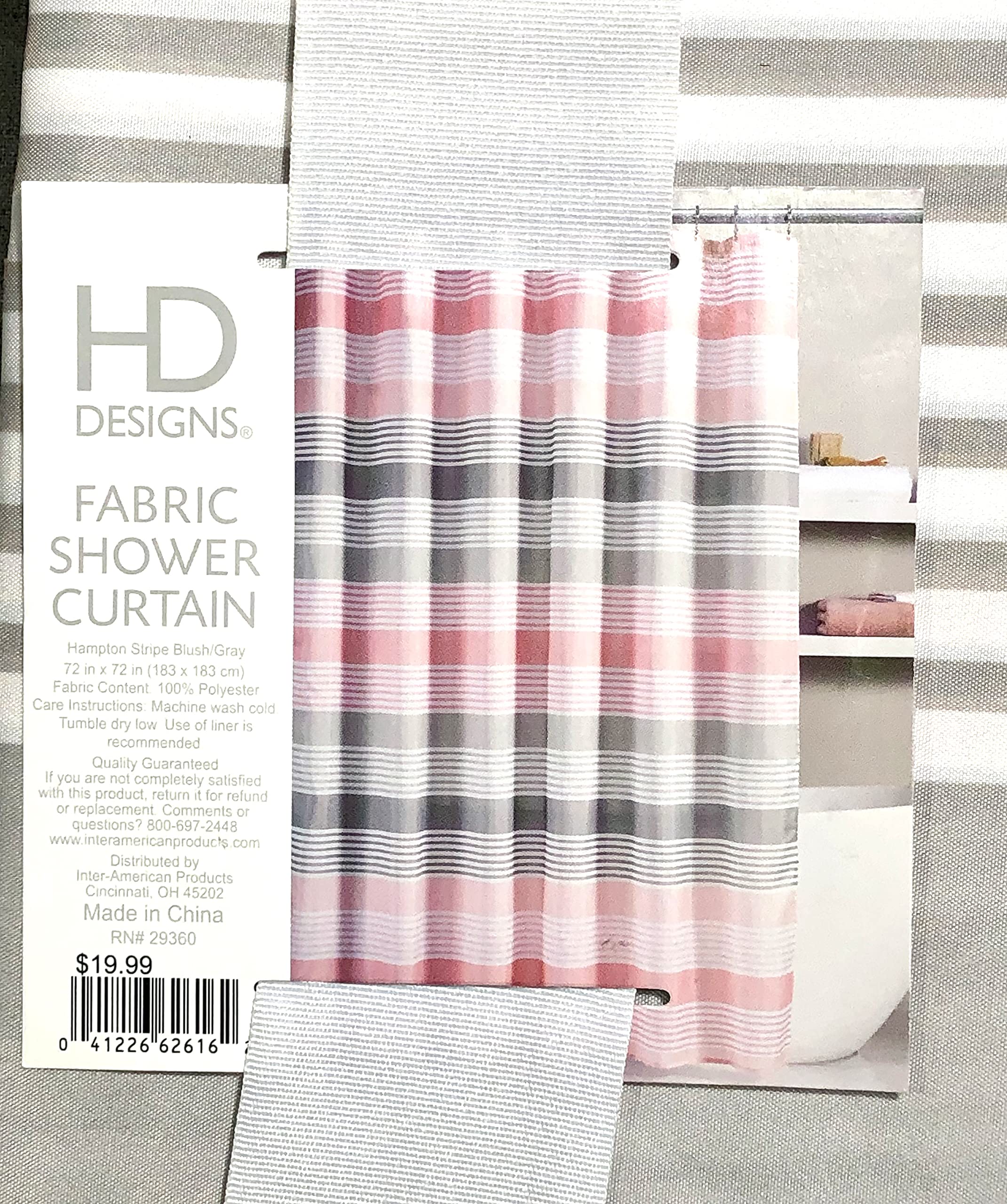 HD Designs Stripe Fabric Shower Curtain - Hampton Stripe Blush/Gray, 72x72 Inches Standard Size, Waterproof Bathroom Decor for Modern & Classic Homes