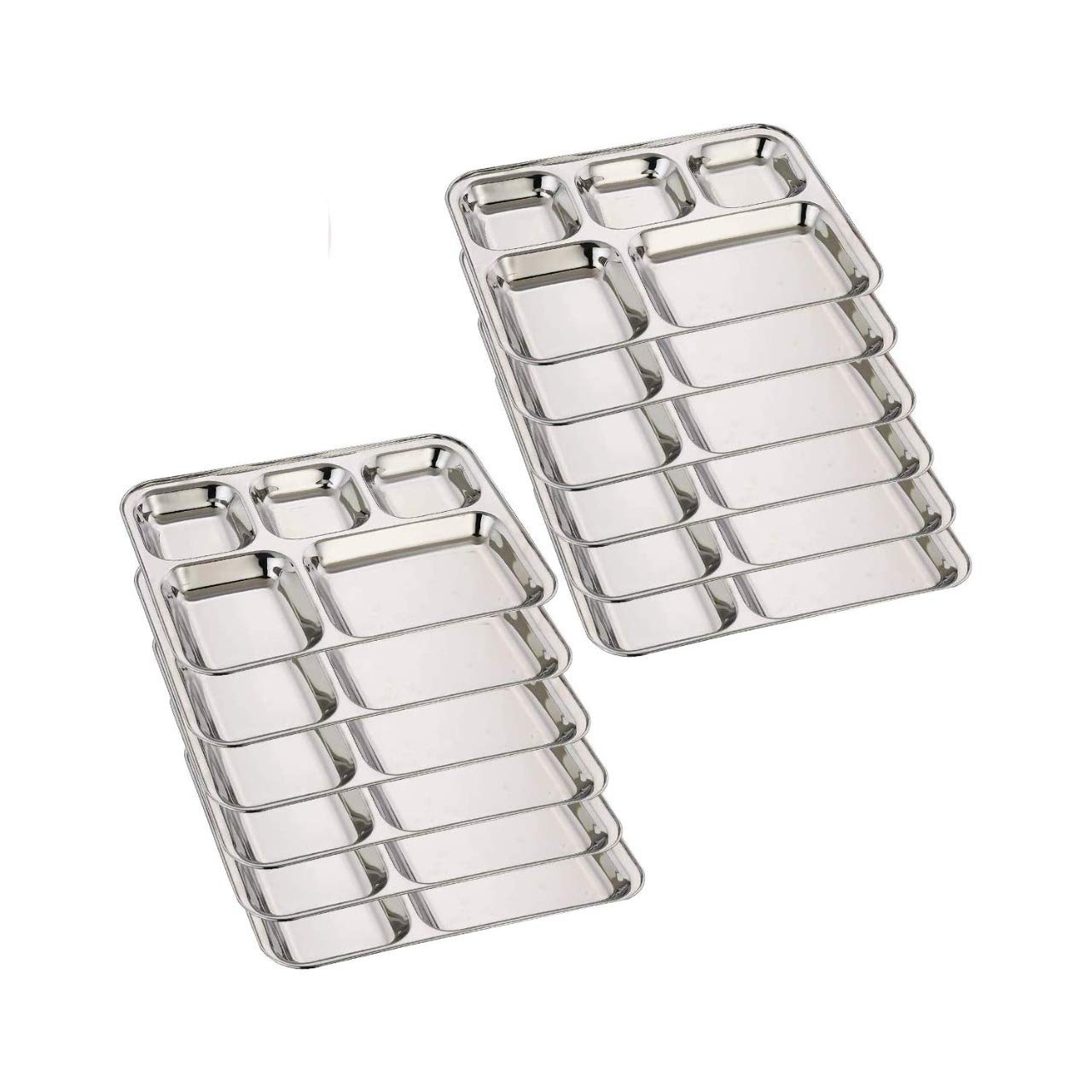 12-Pack Stainless Steel Divided Dinner Plates with 5 Sections - 13 Inch Rectangle Deep Mess Trays for Camping, Lunch, Events & Everyday Use | Durable & Easy to Clean for Picnics, Cafeterias & Outdoor Dining