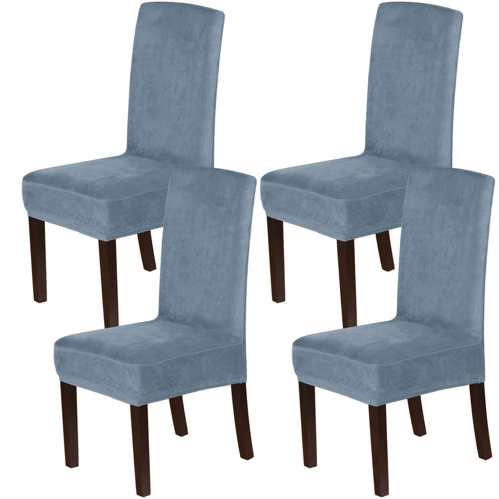 Stretch Velvet Dining Chair Covers Set of 4 - Washable Slipcovers for Parson Chairs, Stone Blue - Perfect for Dining Room & Home Decor