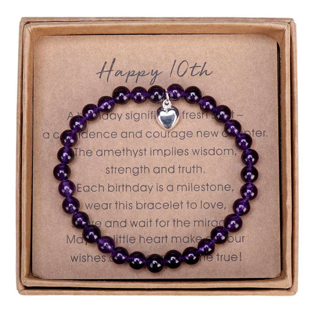Amethyst Bead Bracelet for 10 Year Old Girl - Sterling Silver Heart Charm, Gift Box & Card - Perfect for Christmas & Birthday Gifts