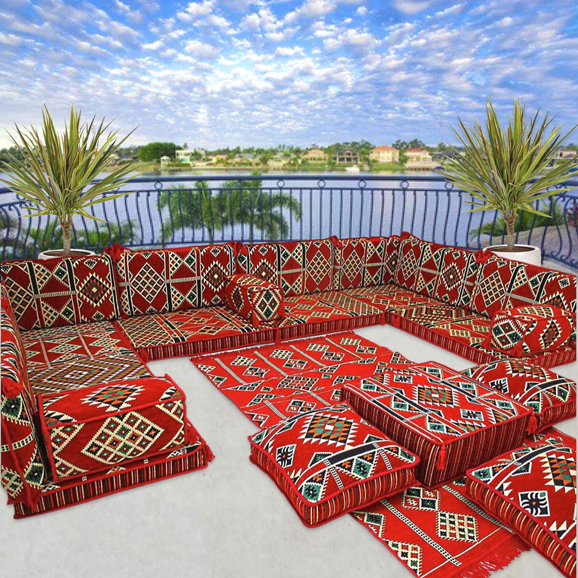 Arabic U-Shaped Majlis Sofa Set - Traditional Floor Seating Couch with Mattress for Living Room, Lounge & Cultural Gatherings | Perfect for Home Decor, Family Events & Middle Eastern Style Interiors