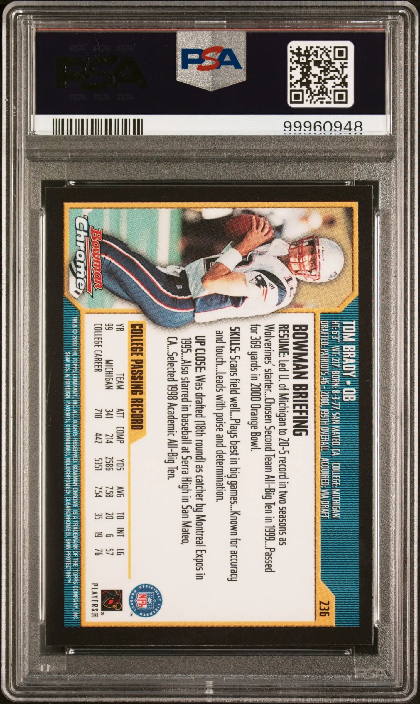 2000 Bowman Chrome Tom Brady Rookie Card #236 PSA 9 Gem Mint - Perfect for NFL Collectors & Sports Memorabilia Displays