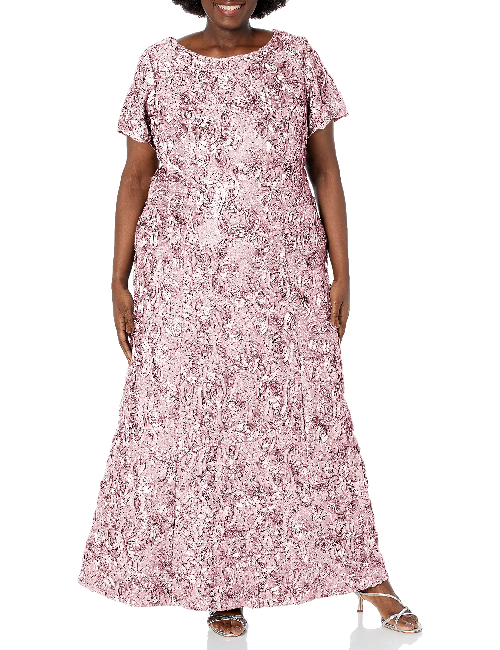 Alex Evenings Women's Plus Size Long Rosette Mother of The Bride Dress - Elegant Short Sleeve Formal Gown for Wedding Guest, Bridal Shower & Special Occasions