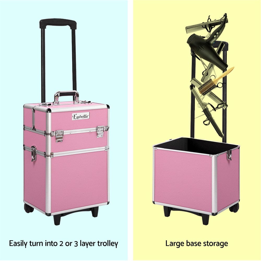 Embellir Professional Makeup Case - Beauty Trolley with Wheels, Large Cosmetic Organizer for Travel, Salon & Home Storage (Pink) | Perfect for Makeup Artists, Beauty Enthusiasts & On-the-Go Professionals