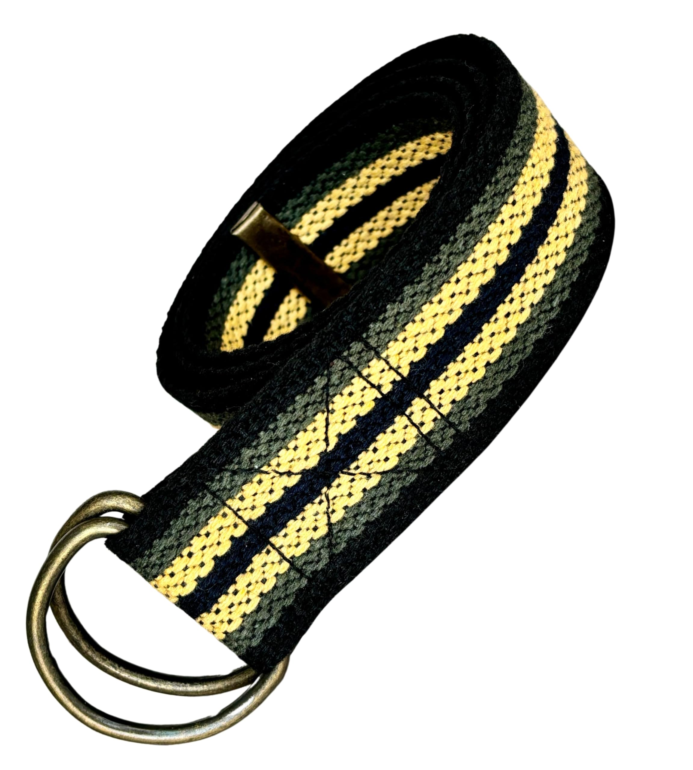 D Ring Canvas Sports Belt - Adjustable Unisex Fabric Belt for Women & Men in Green, Yellow & Black - Perfect Gift for Father, Lover, Her or Him - Ideal for Casual Wear, Outdoor Activities & All Seasons (Medium 40
