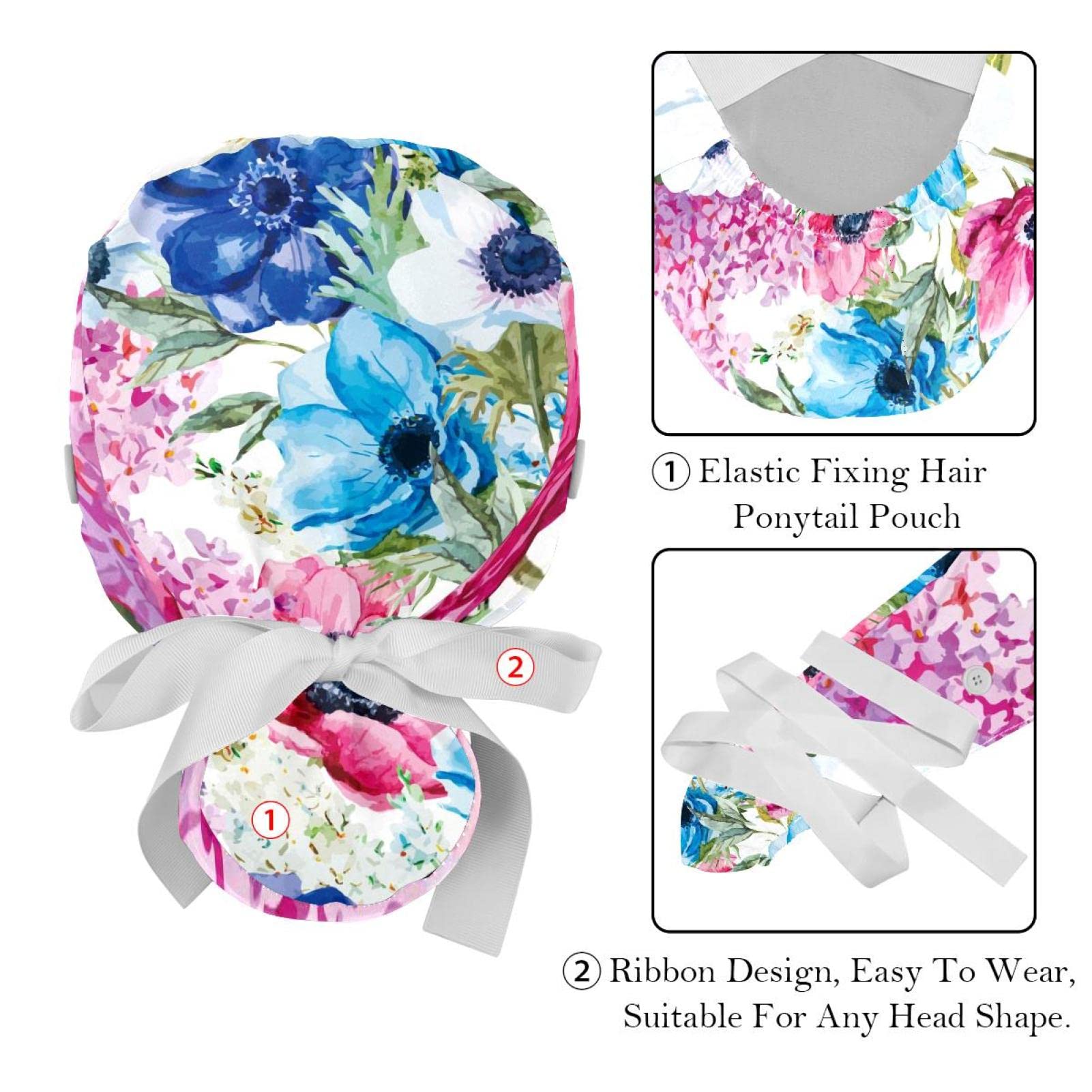 Women's Long Hair Scrub Hats - 2 Pack Unisex Surgical Caps with Button Closure & Sweatband - Comfortable Working Caps for Nurses, Doctors & Healthcare Professionals - Perfect for Hospitals, Clinics & Medical Shifts