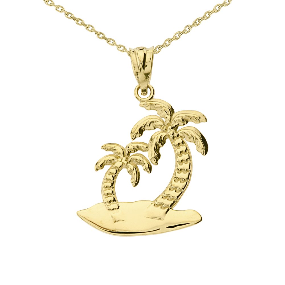 14K Yellow Gold Palm Tree Island Charm Pendant Necklace for Women - Tropical Beach Vacation Jewelry Gift for Her - Perfect for Summer, Travel & Boho Style Outfits