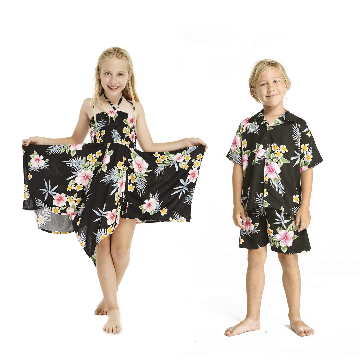 Matching Hawaiian Luau Outfits for Siblings - Boy & Girl Hibiscus Print Tropical Summer Clothes for Beach Party, Family Vacation & Photo Shoots