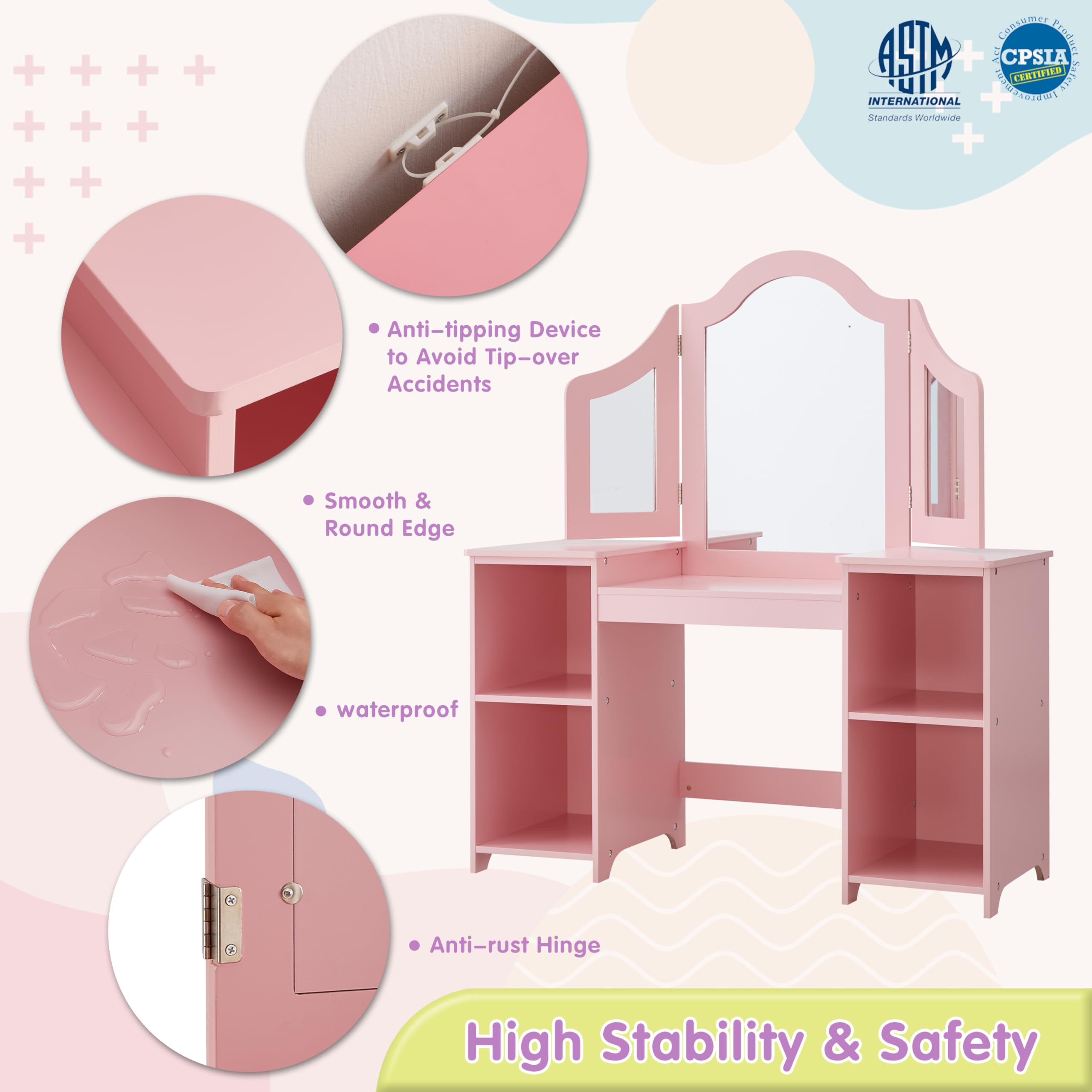 2 in 1 Kids Vanity & Princess Makeup Table with Open Storage Cabinet - Detachable Tri-fold Mirror, Pretend Play Dresser for Little Girls Age 3-9 (Pink) - Perfect for Birthday Gifts, Bedroom Decor & Role Play Activities