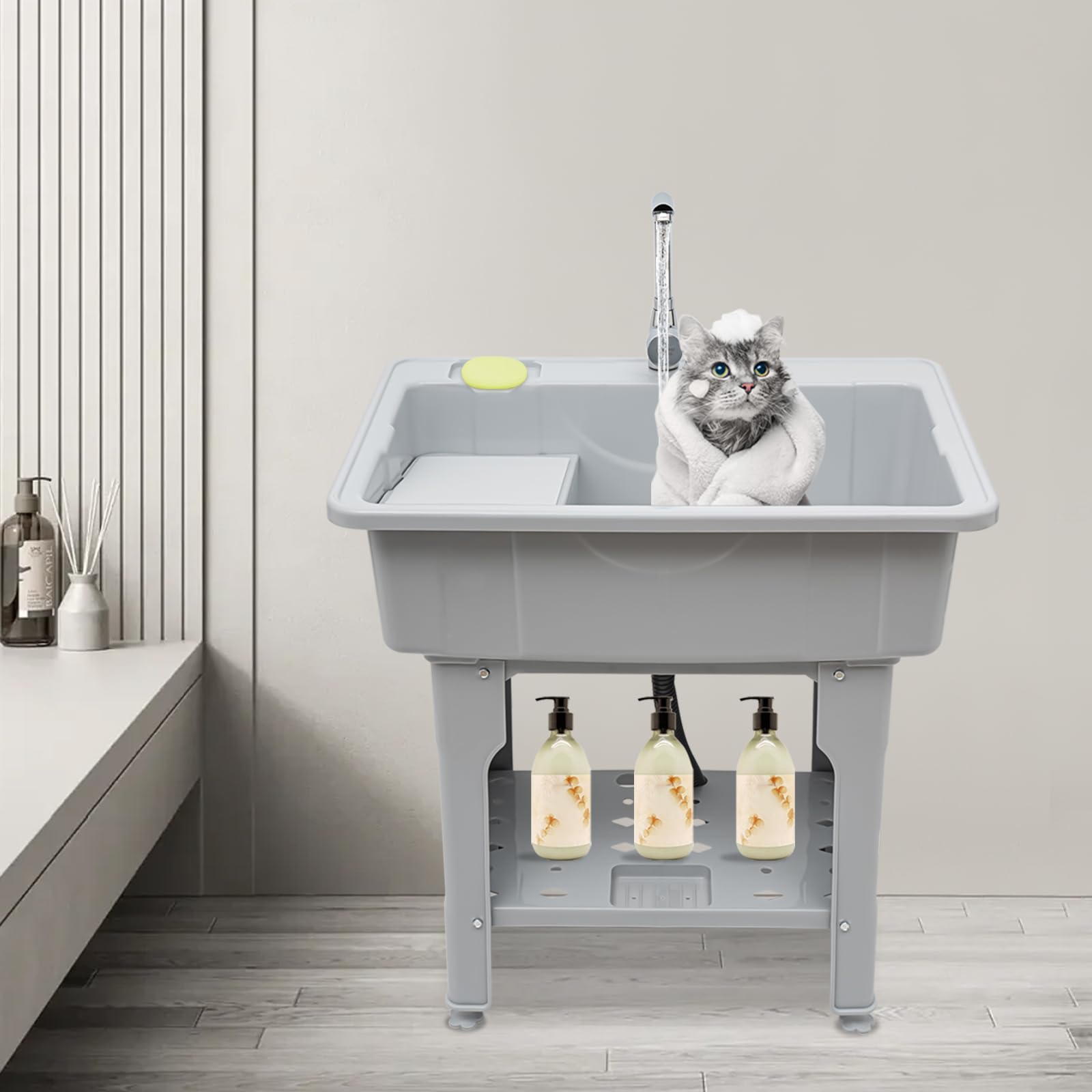 Gdrasuya10 Grey Plastic Utility Laundry Sink with Faucet - Heavy Duty Washing Station Tub for Laundry Room, Basement & Outdoor Use - Includes All Installation Kits - Perfect for Garden Cleaning, Pet Washing & Household Chores