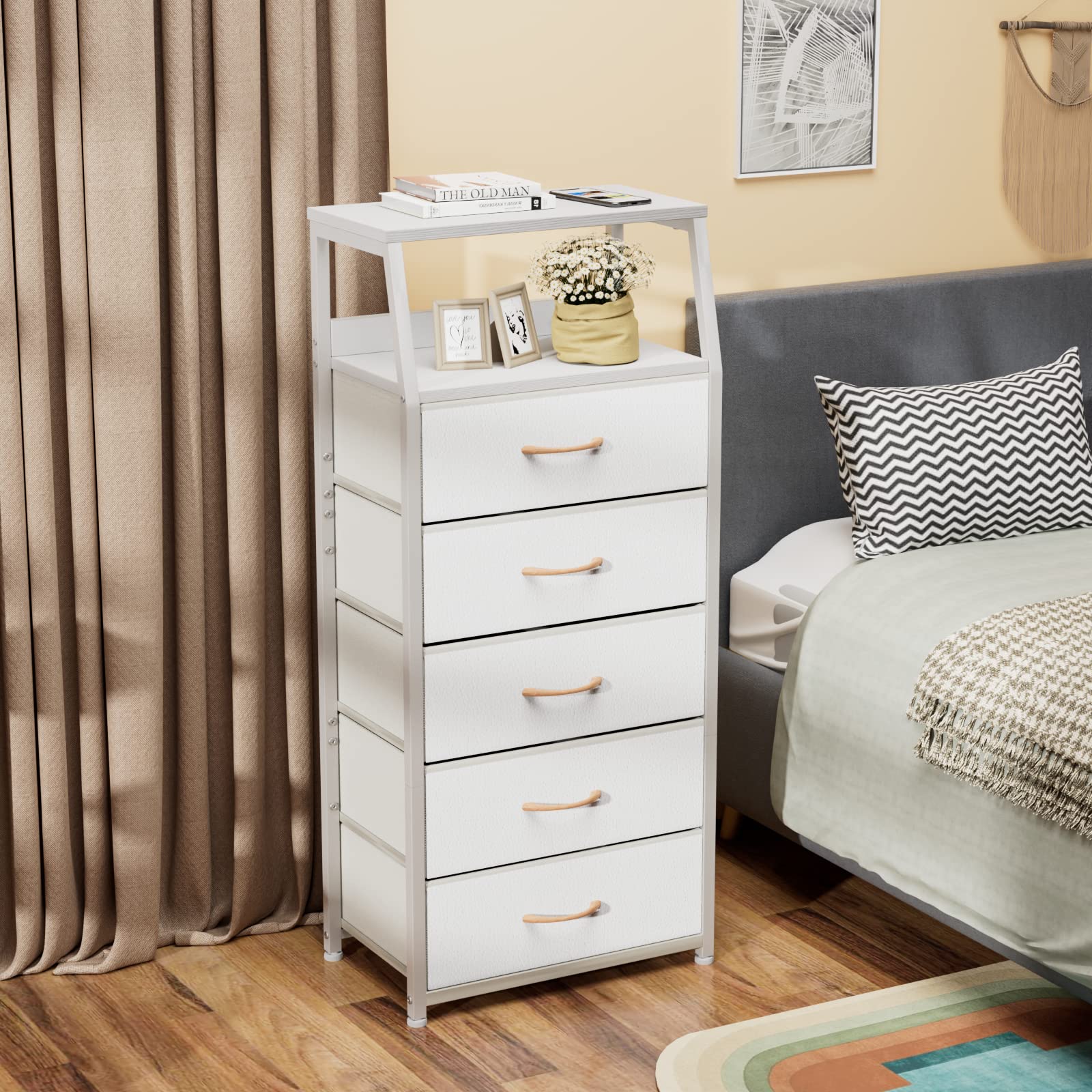 White 5-Drawer Dresser with Wood Top - Sturdy Steel Frame for Bedroom & Nursery Storage