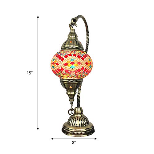 XINDAR Turkish Mosaic Table Lamp - Moroccan Glass Swan Neck Tiffany Bedside Night Light in Red | Perfect for Bedroom, Living Room & Office Decor