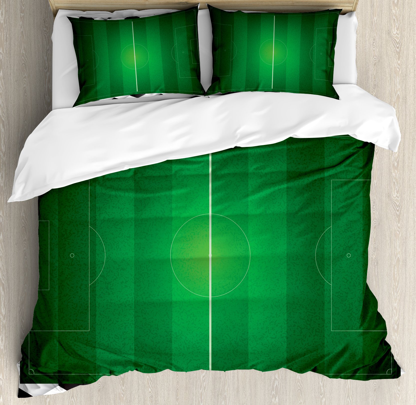 Ambesonne Soccer Duvet Cover Set - King Size Football Field Design with Hexagonal Ball Pattern, 3-Piece Bedding Set Includes Duvet Cover & 2 Pillow Shams, Black White Green - Perfect for Sports Fans, Game Room Decor, and Soccer Themed Bedrooms