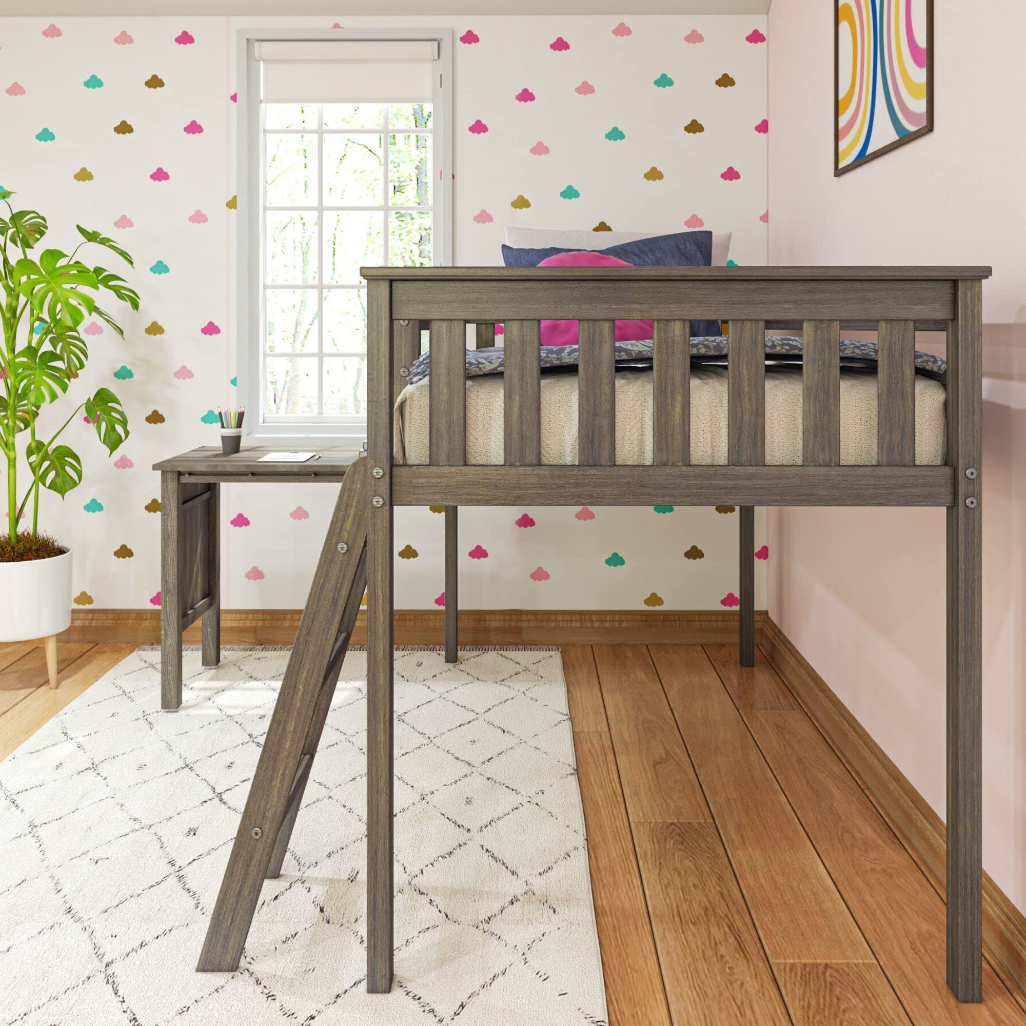 Max & Lily Low Loft Twin Bed Frame with Pull-Out Desk for Kids - Clay Finish | Space-Saving Study & Sleep Solution for Small Bedrooms