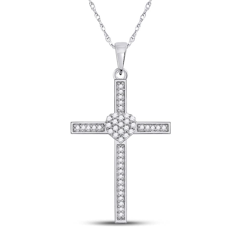 10K White Gold Women's Round Diamond Heart Cross Pendant Necklace - 1/5 CTTW - Elegant Jewelry Gift for Her, Perfect for Valentine's Day, Anniversary & Special Occasions