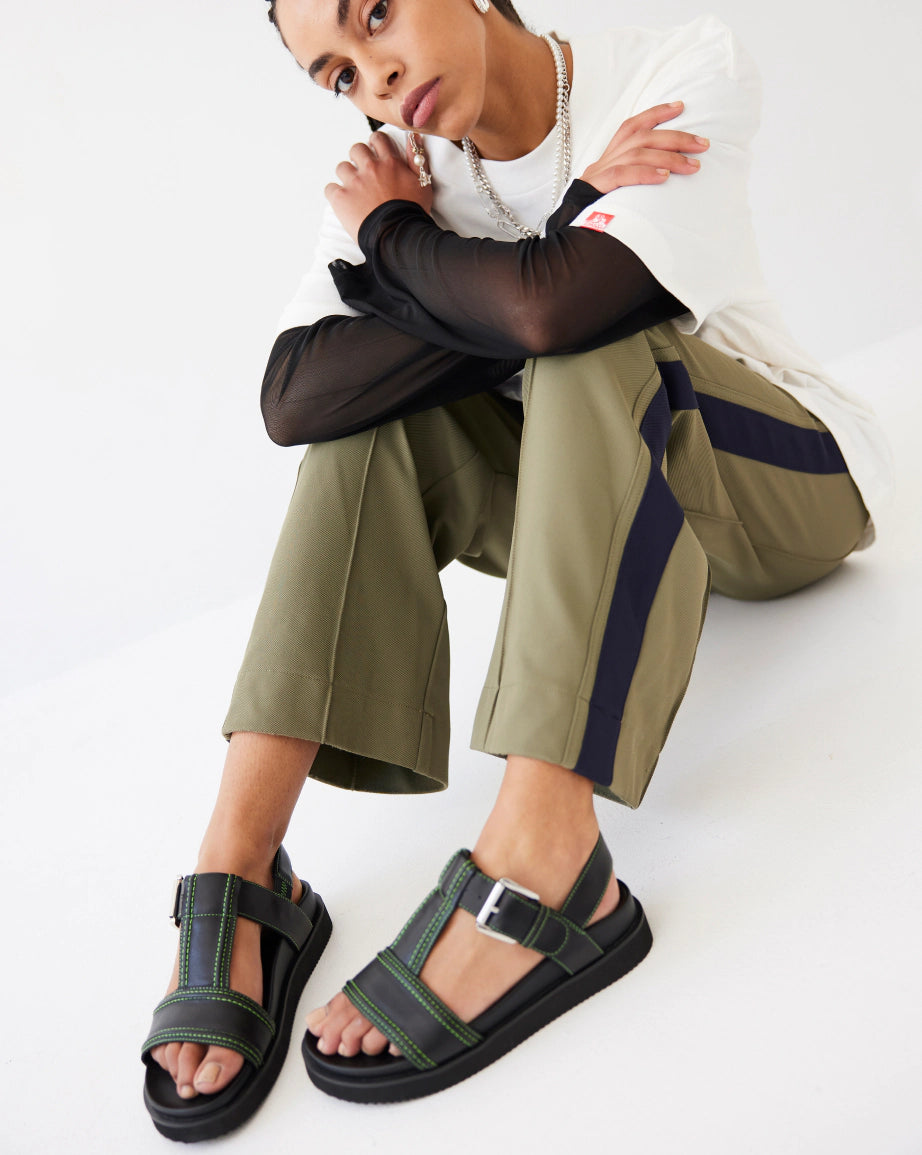 Visby T Bar Sandal - Black Leather Women's Sandals with Green Topstitch | Comfortable Summer Casual Shoes for Walking, Beach & Outdoor Activities