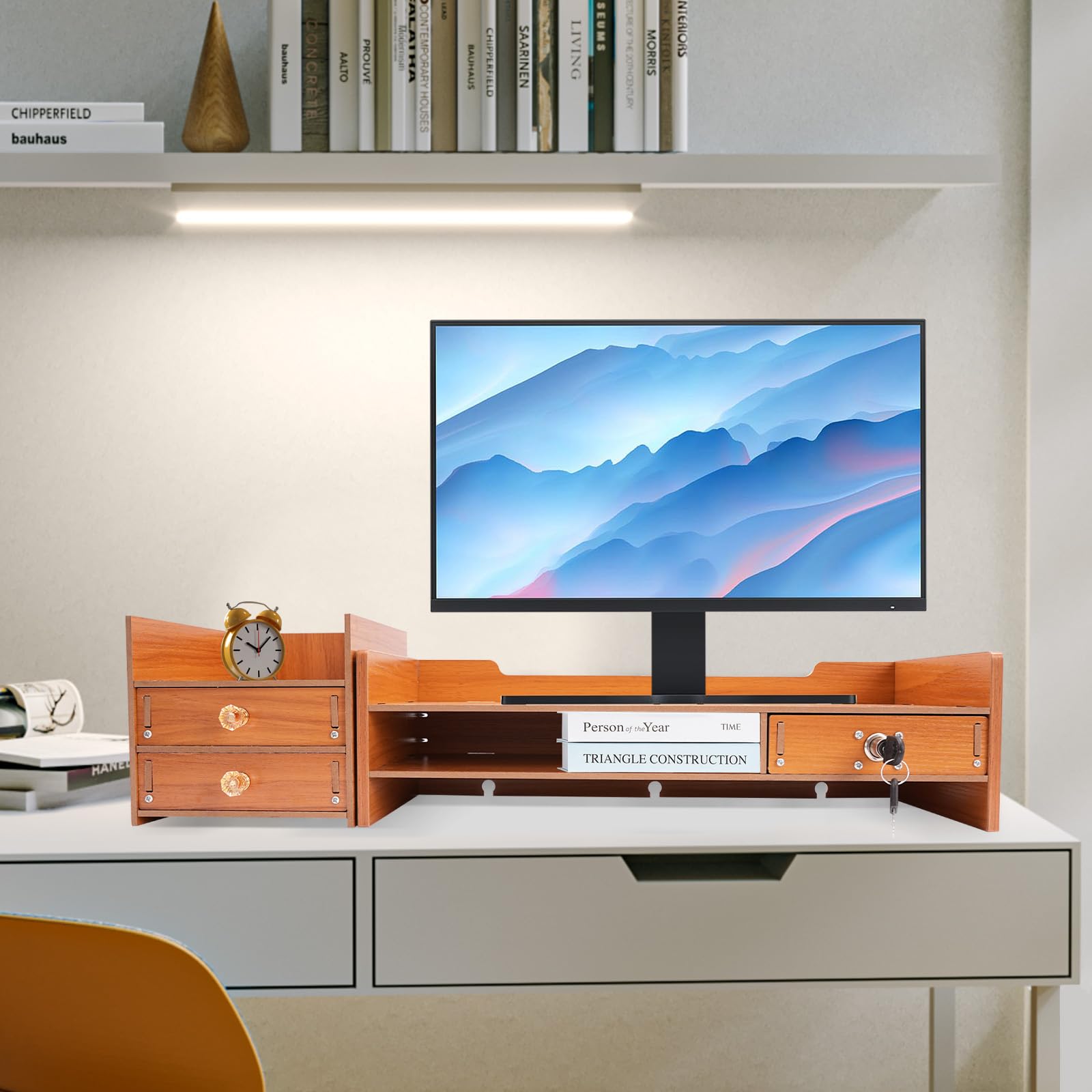 Adjustable Wood Monitor Stand Riser with Storage Drawer - Desktop Organizer for Computer, Laptop, Printer & Phone - Perfect for Home Office & Workspace Organization