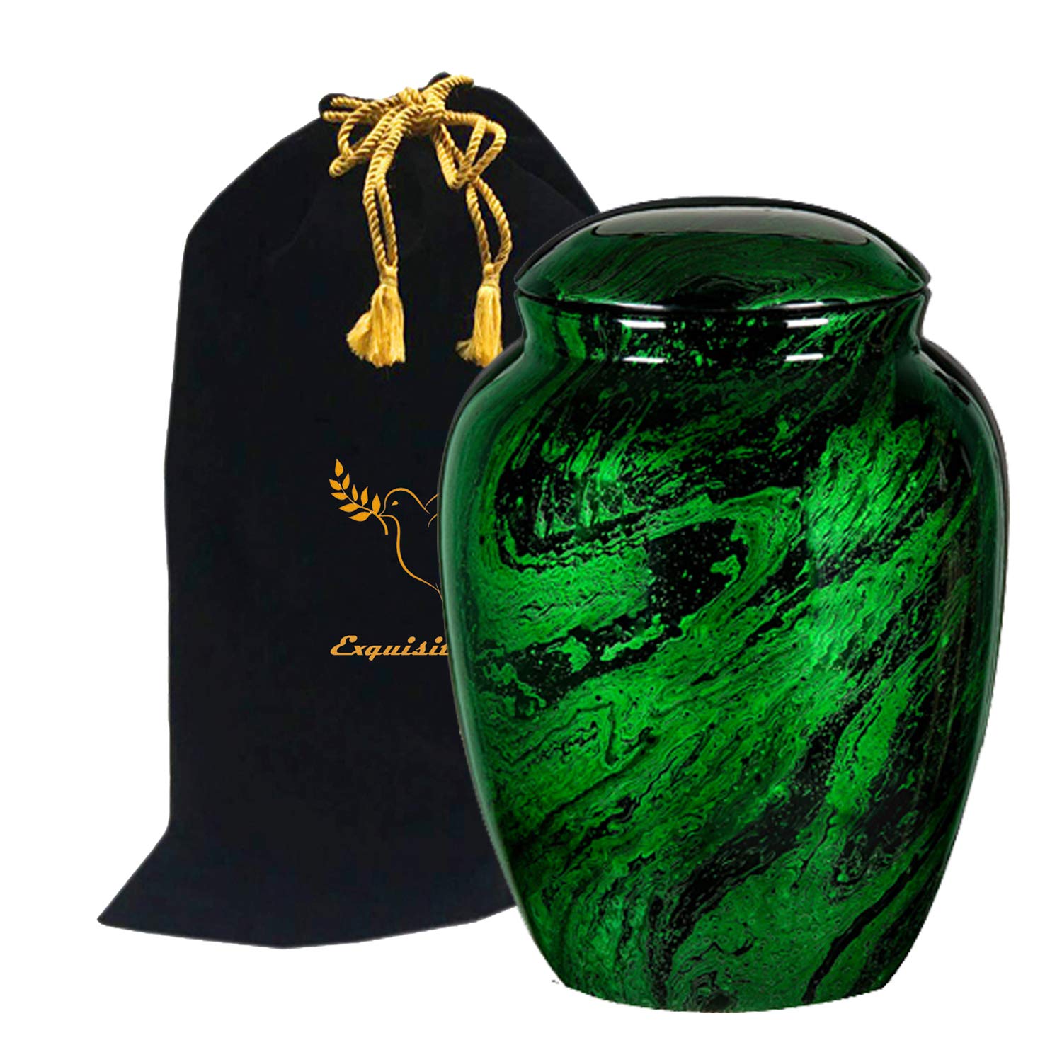 Premium Handcrafted Fiber Glass Cremation Urn - Elegant Marble Design Lightweight Adult Funeral Urn for Ashes - Includes Free Velvet Bag & Ash Bag (Green) | Perfect for Memorial Services, Home Display & Scattering Ceremonies