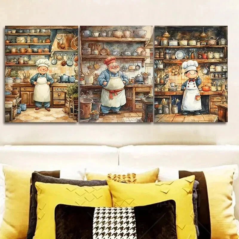 3-Piece Whimsical Chef Wall Art Set - Framed Canvas 50x70cm - High Quality Print - 100% Australian Made - Ready to Hang - Perfect for Kitchen Decor & Restaurant Wall Art