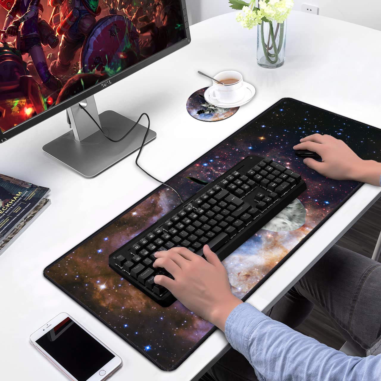 XXL Gaming Mouse Pad with Coasters Set - Stitched Edges, Non-Slip Desk Mat for PC, Laptop & Office (31.5x11.8 Inch) - Perfect for Gaming, Work & Home Office Setup | Galaxy Fly Cat Design