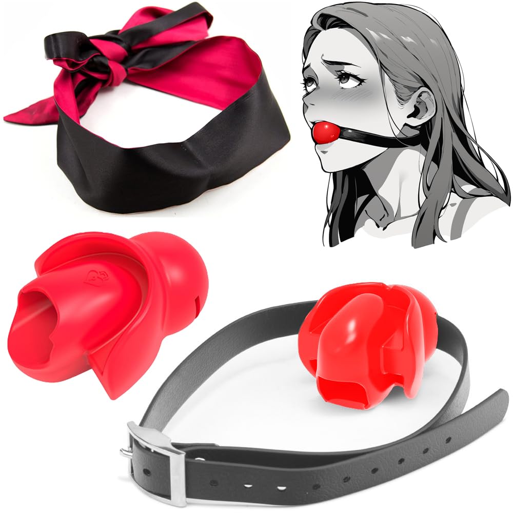 Premium Adjustable Silicone Ball Gag with Blindfold & Restraints - BDSM Bondage Set for Adults, Fetish Play & SM Toys (Red) - Perfect for Roleplay, Sensory Deprivation & Spicing Up Your Intimate Moments