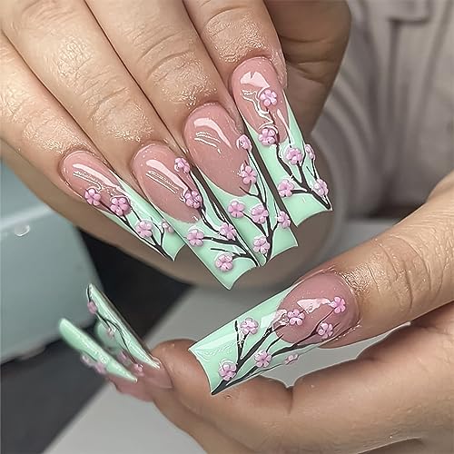 24-Piece Long Press-On Nails Set - French Tip Coffin Fake Nails with 5D Flower Designs, Light Green Glossy False Nails for Women & Girls | Full Cover Artificial Nails for Autumn, Parties, Weddings & Special Occasions