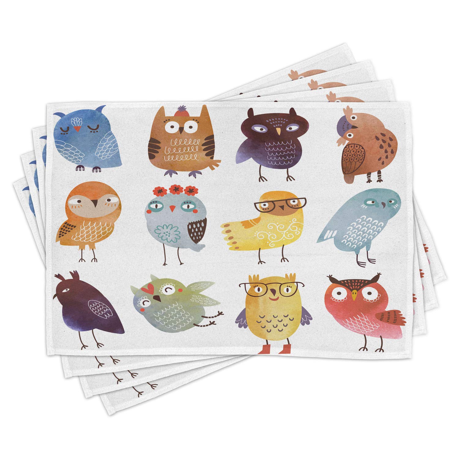 Retro Bohemian Owl & Bird Pattern Place Mats Set of 4 - Washable Fabric Table Decor for Dining Room & Kitchen - Fun Hipster Floral Design - Multicolor - Perfect for Boho Home Decor & Entertaining Guests