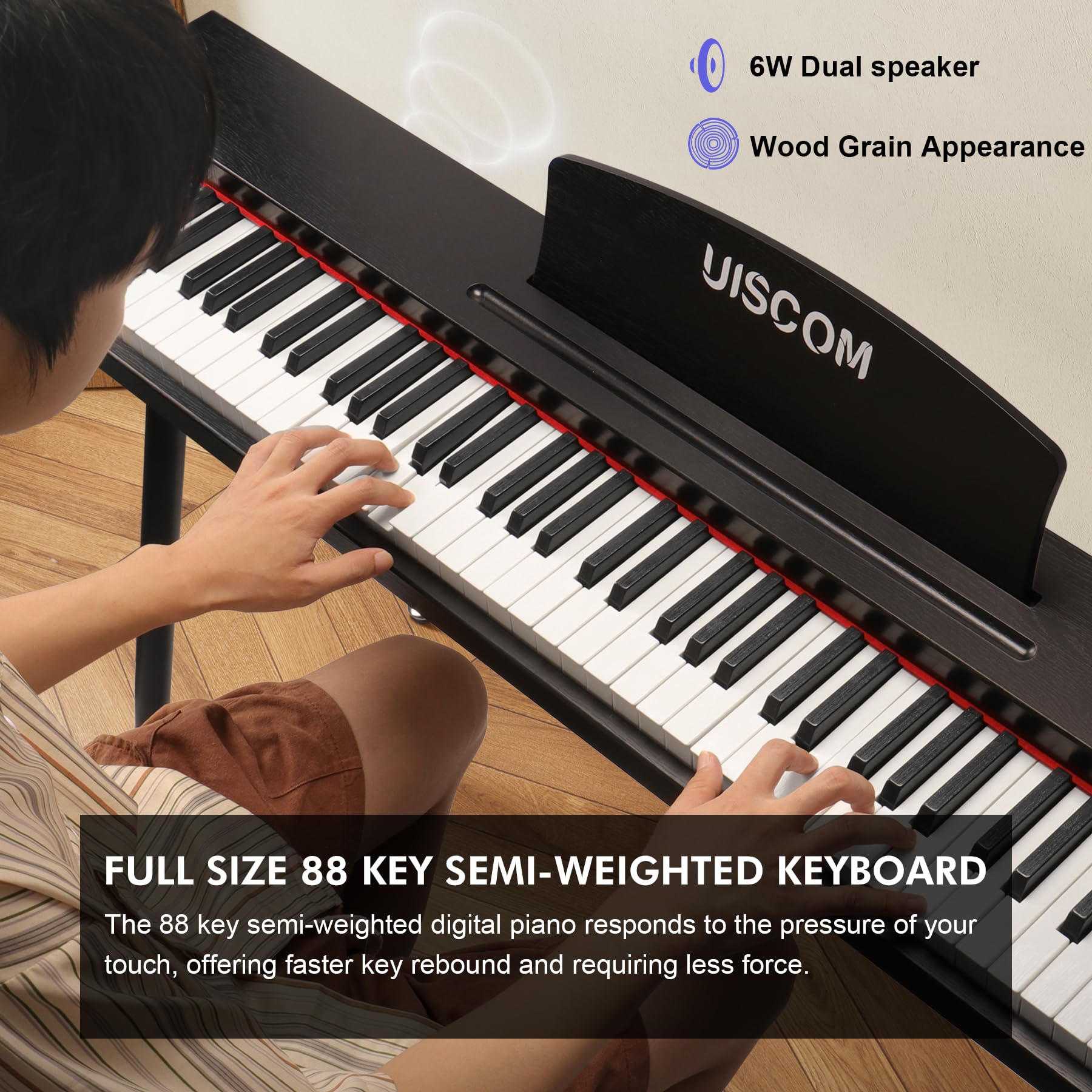 88-Key Digital Piano Keyboard for Beginners - Full Size Semi-Weighted Electric Piano with Music Stand, Sustain Pedal, Headphones & Power Adapter - USB MIDI Compatible Wood Grain Black Keyboard - Perfect for Home Practice, Music Lessons & Studio Recording