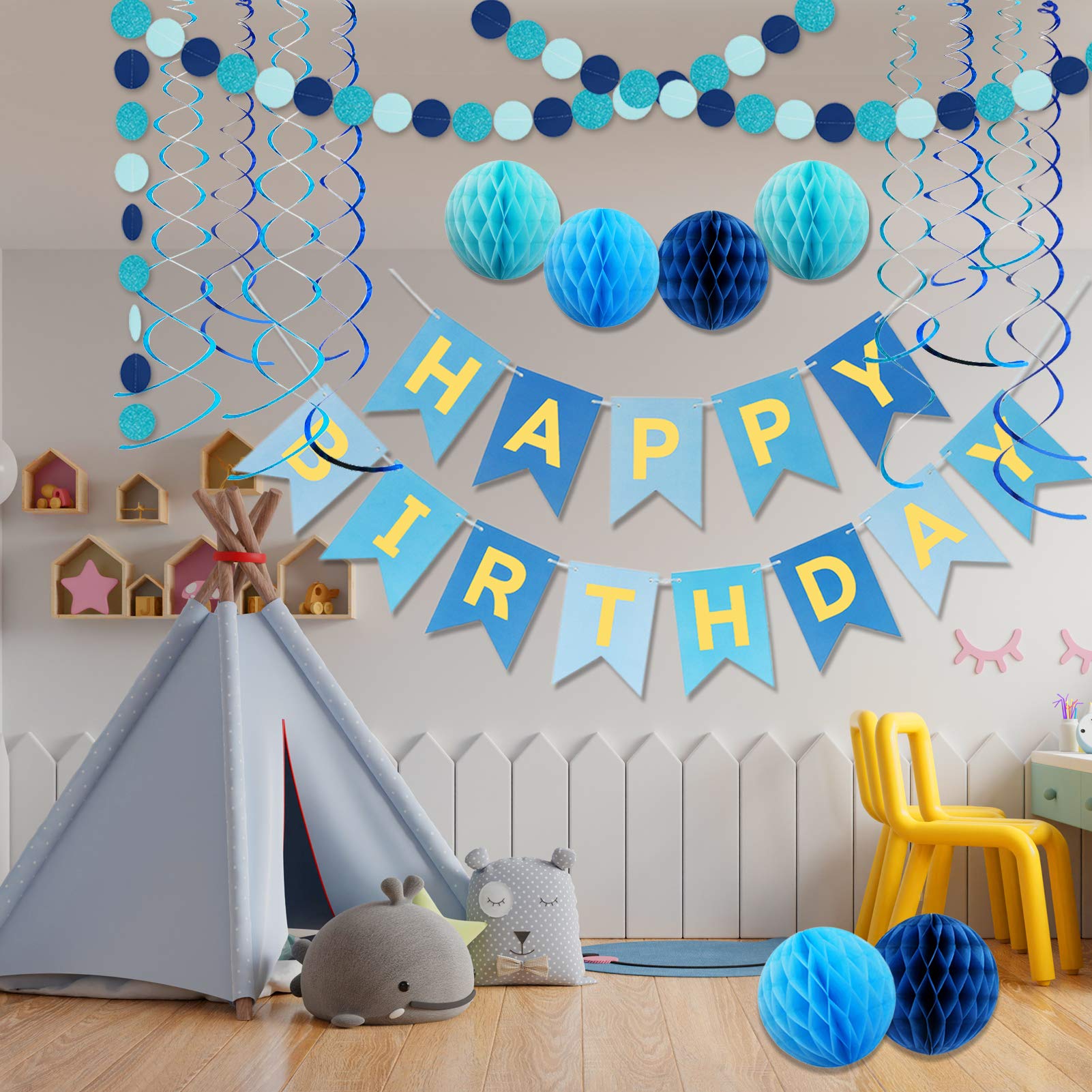 Blue Birthday Party Decorations Set - Happy Birthday Banner, Paper Honeycomb Balls, Circle Garland & Hanging Swirls for DIY Home Decor | Perfect for Birthday Celebrations, Baby Showers & Anniversary Parties