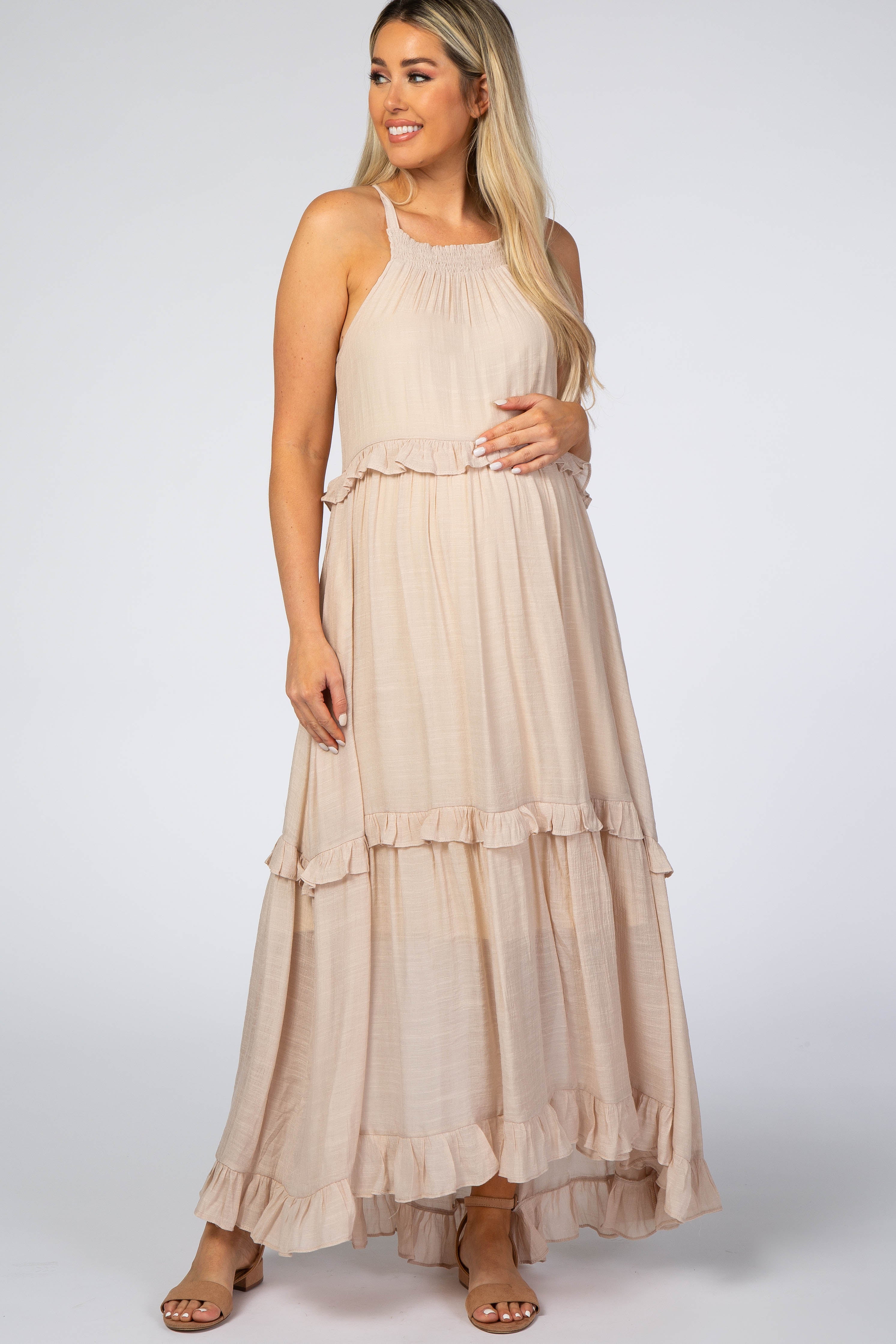 Beige Halter Neck Ruffle Trim Maternity Maxi Dress for Pregnancy - Comfortable Summer Maternity Dress for Beach, Vacation & Photoshoot