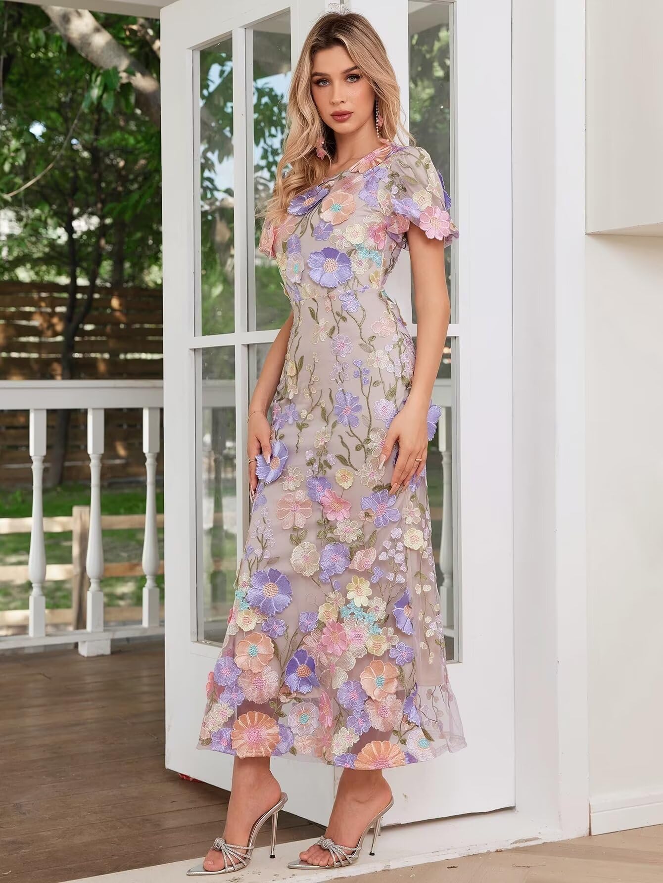 Elegant 3D Floral Embroidery Long Dress with Ruffle Sleeves & Lace Detail - Women's Bodycon Cocktail Dress for Parties, Weddings & Special Occasions
