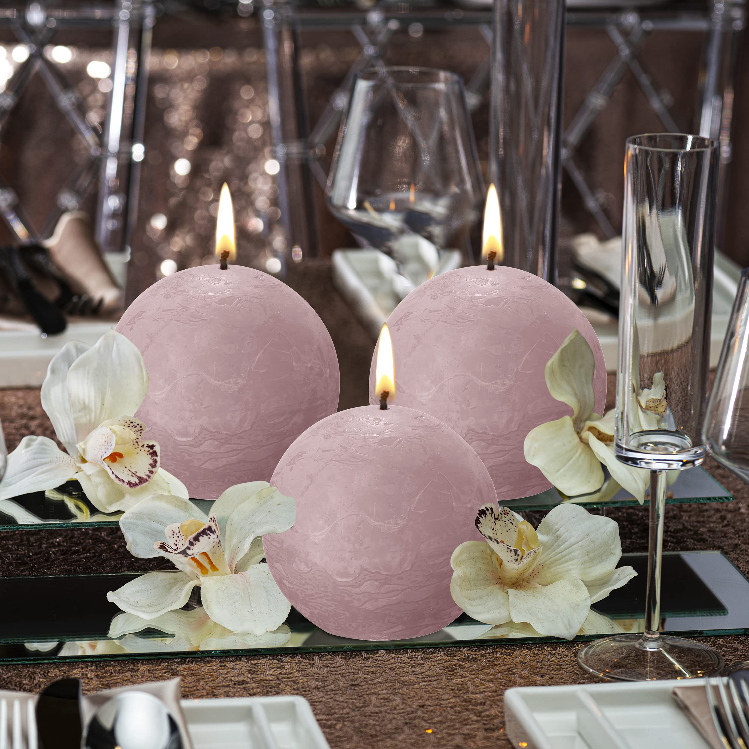 BOLSIUS 3-Pack Ash Rose Rustic Ball Pillar Candles - 3 Inch Unscented Dripless Smokeless Candles - Premium European Quality with Natural Plant-Based Wax - 25 Hour Burn Time - Perfect for Wedding Centerpieces, Romantic Dinner Decor, and Party Lighting