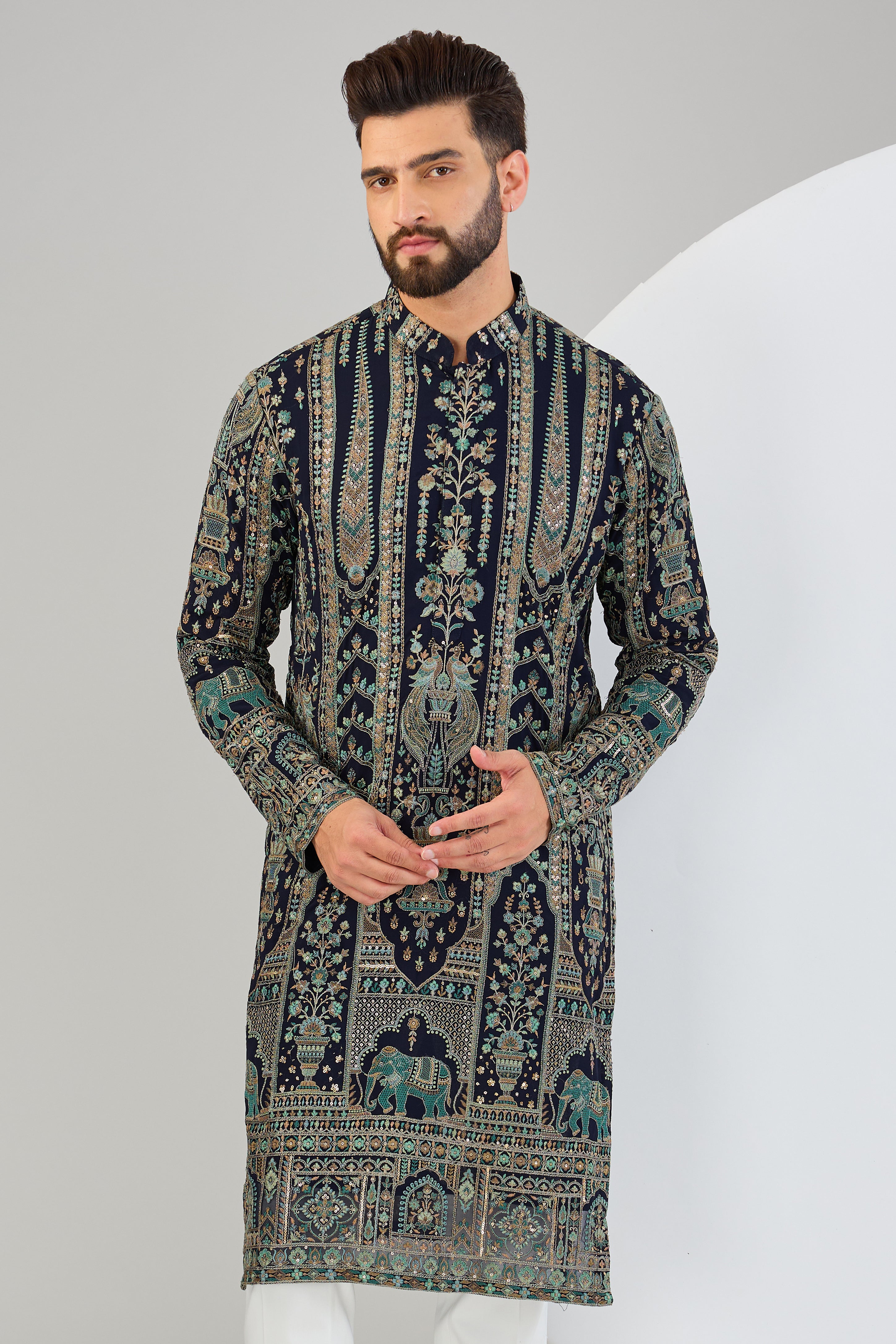 Elegant Navy Blue Chikankari Kurta with Intricate Floral & Fauna Embroidery - Perfect for Festivals, Weddings & Ethnic Occasions